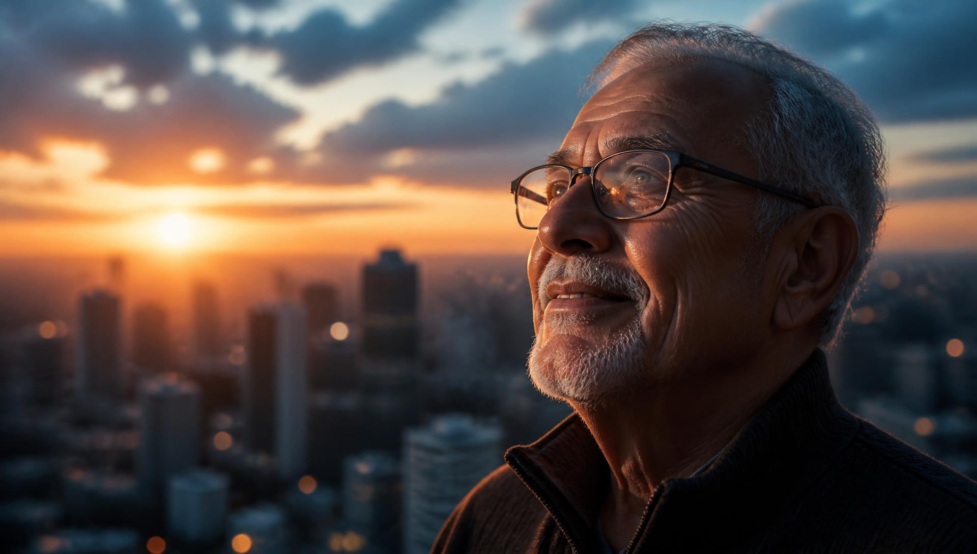 Pessoa usando óculos observando o horizonte ao pôr do sol