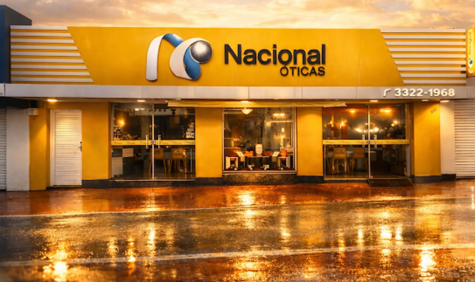 Fachada de uma unidade Nacional Óticas ao anoitecer